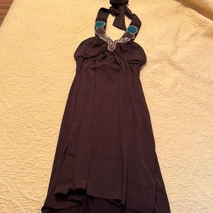 Brown mini dress, under the shoulder blades back, behind the neck tie straps.